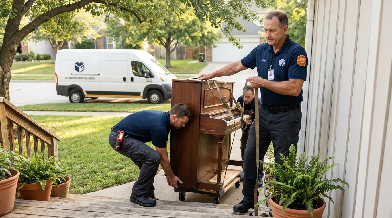 Licensed piano movers securing grand piano in Far Rockaway, NY