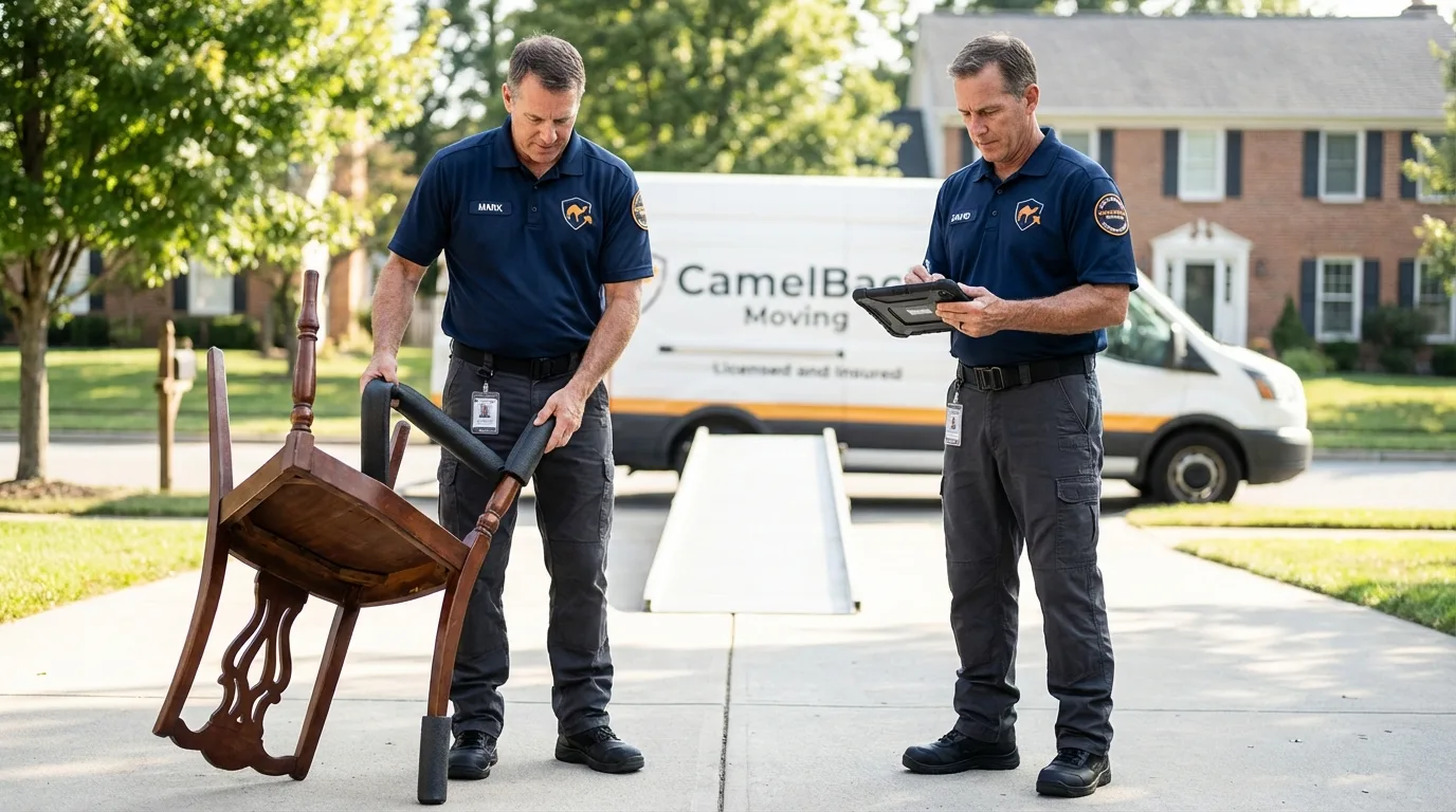 Movers inspecting furniture for damage prevention before loading in Far Rockaway, NY