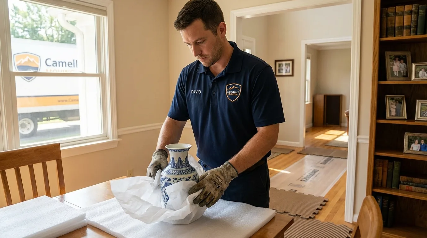 Professional crew carefully wrapping antique vase for senior downsizing move in Far Rockaway, NY
